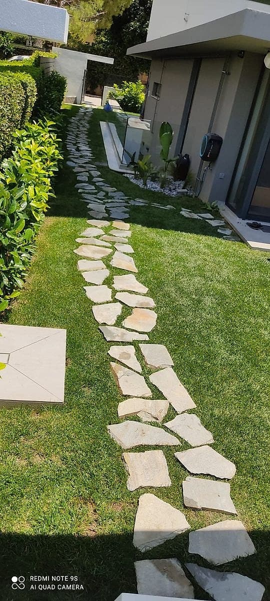 Landscaped garden design with pathways and ornamental plants