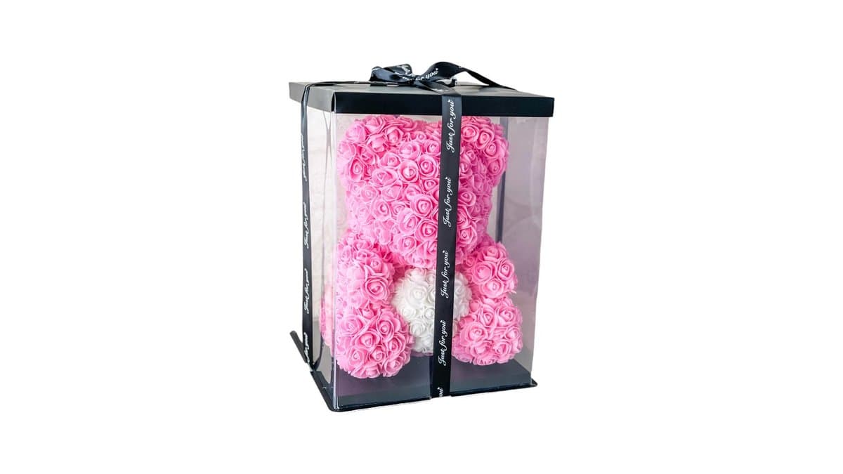 Rose Bear Ροζ και Λευκό σε Διάφανη Συσκευασία